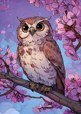 Owl Perched on Cherry Blossom Branch