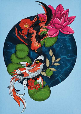 Koi Fish and Lotus Flower Illustration