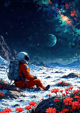 Astronaut on Alien Planet with Flowers