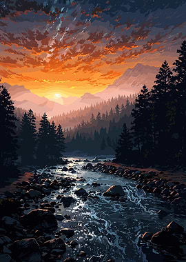 Mountain River at Sunset Landscape