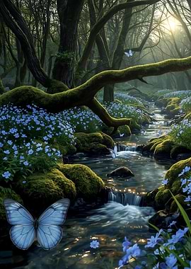 Enchanted Forest Stream with Blue Butterflies