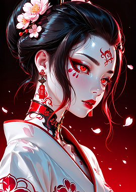 Geisha with Red Accents and Flowers