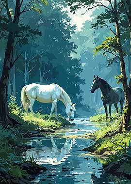 Horses by the Stream in Forest