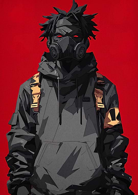 Masked Figure in Hoodie, Red Background