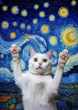 White Cat in Starry Night Style