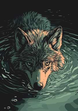 Wolf Swimming in Water Illustration