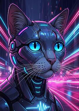 Cyber Cat Portrait with Neon Lights