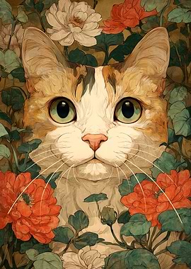 Cat Portrait with Floral Background