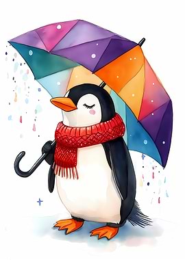 Cute Penguin with Colorful Umbrella