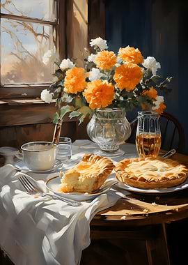 Still Life with Pie and Flowers