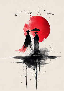 Japanese Ink Painting with Figures