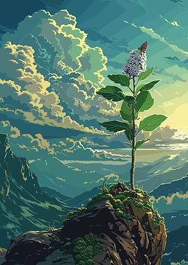 Flower on Mountain Peak Landscape Art