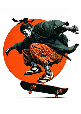 Samurai Skateboarder with Orange Sun