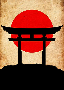 Japanese Torii Gate Silhouette with Rising Sun