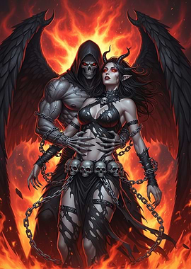 Grim Reaper and Demon Woman in Flames