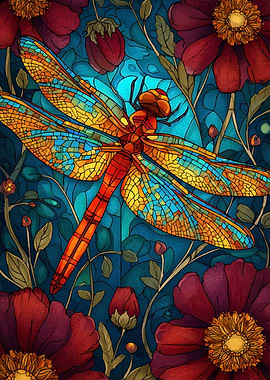 Dragonfly and Flowers Stained Glass Style