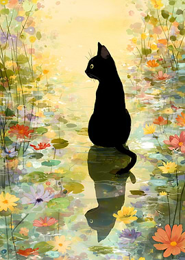 Black cat in a flower pond
