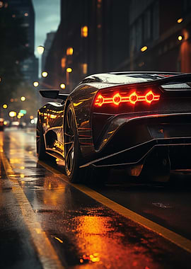 Black Car Wet City Street