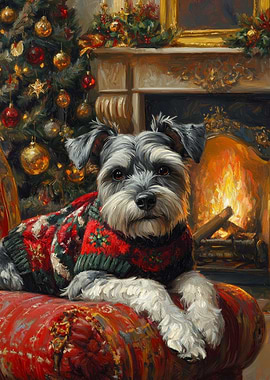 Schnauzer in Christmas Sweater by Fireplace | Cozy Christmas Dog Art