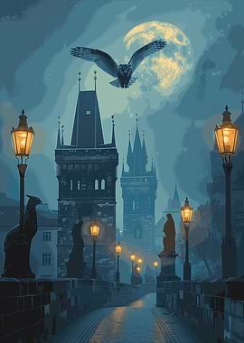 Owl over Prague Charles bridge at night