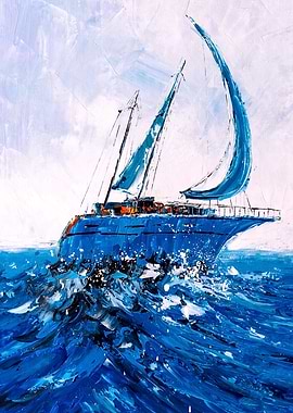 Blue Sailboat Painting on Canvas