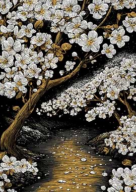 Cherry Blossoms by River