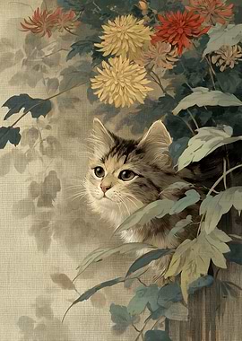 Cat among Chrysanthemums Vintage Art