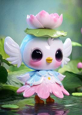 Cute Bird Figurine with Lotus Flower