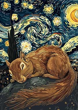 Squirrel Sleeping Under Starry Night Sky