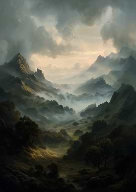 Misty Mountain Valley Landscape Painting