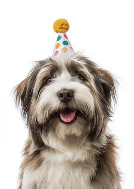 Happy Tibetan Terrier Dog with Party Hat