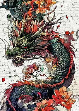 Dragon and Flowers on Brick Wall