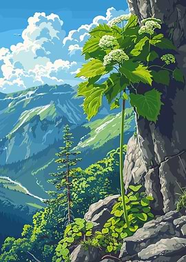 Mountain Landscape with Plant on Rock