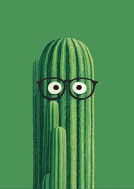 Cactus with Glasses on Green Background