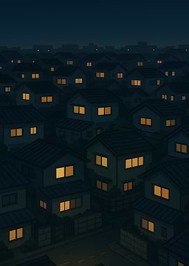 Nighttime Suburban Houses with Lit Windows