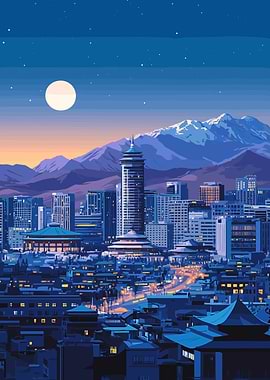 Night Cityscape with Mountains and Moon