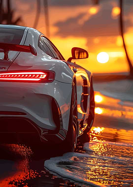 White Sports Car on Beach at Sunset