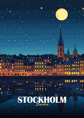 Stockholm Sweden Night Cityscape Illustration