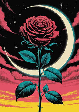 Rose and Crescent Moon Illustration