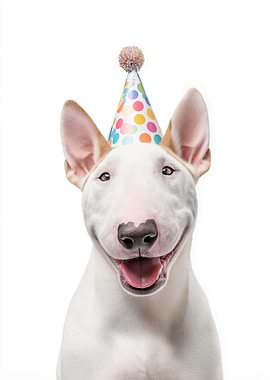 Miniature Bull Terrier with Birthday Hat