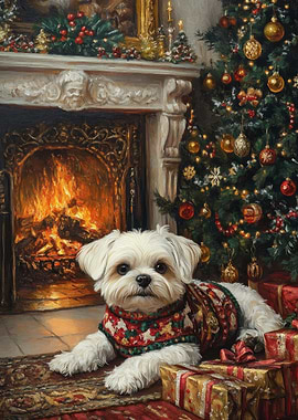 Christmas Maltese Dog by Fireplace