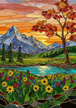Stained Glass Mountain Landscape