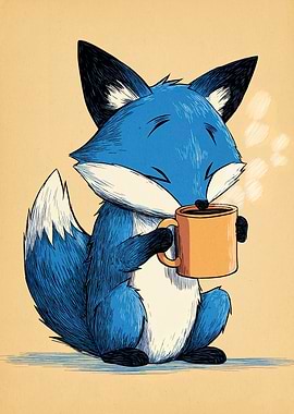 Blue Fox Drinking Coffee Illustration