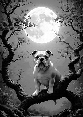Bulldog on Branch Under Moonlight