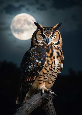 Owl Perched Under Full Moon