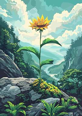 Lone Sunflower in Mountain Landscape