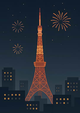 Tokyo Tower at Night with Fireworks