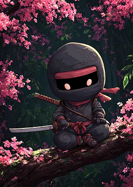 Cute Ninja on Cherry Blossom Branch