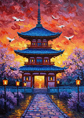 Japanese Pagoda Painting with Cranes