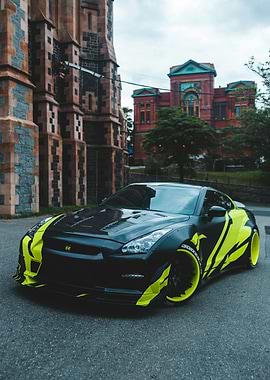 Black Nissan GT-R with Yellow Accents